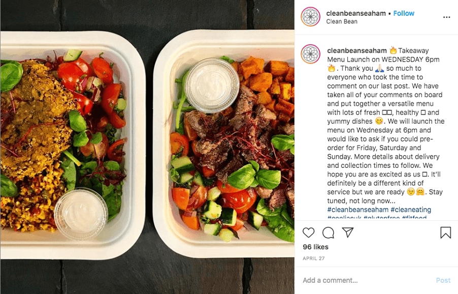 Publicação no Instagram de refeição take away