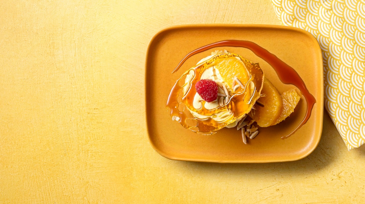 Parfait de laranja com caramelo e amêndoa tostada