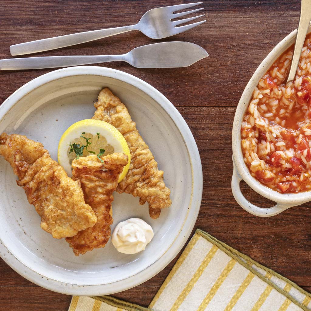 Filetes de Peixe com Arroz Malandrinho de Tomate