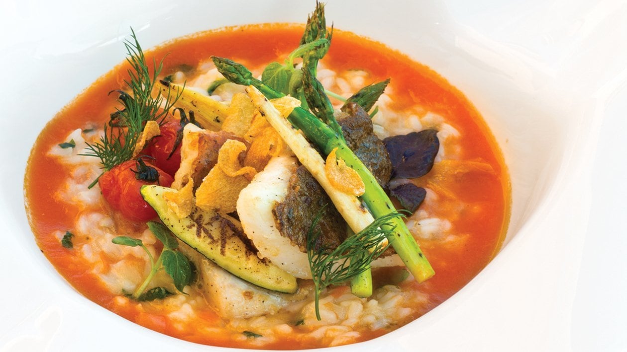 Pregado com Arroz Malandrinho e Coentros, Legumes Grelhados e Caldo de Tomate e Gengibre, Chef Carlos Gonçalves