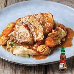 Pá de Porco com Castanhas Fritas e Puré de Rúcula